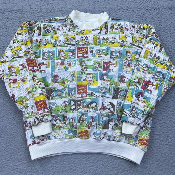 Vintage Mickey Mouse Comic Strip Sweater Mens Medium White Reversible AOP Disney - Picture 1 of 13
